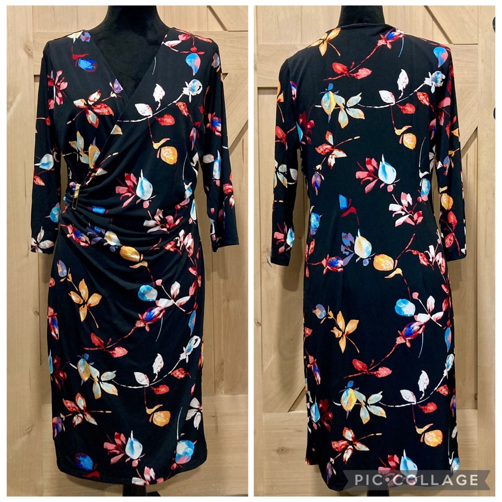 Jennifer Lopez Black Floral Faux Wrap Dress Size Large 3/4 Length Sleeves - Picture 3 of 16